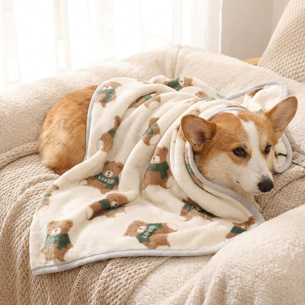 Clover Soft Flannel Dog Blanket — Corgi wrapped in cream teddy-bear blanket