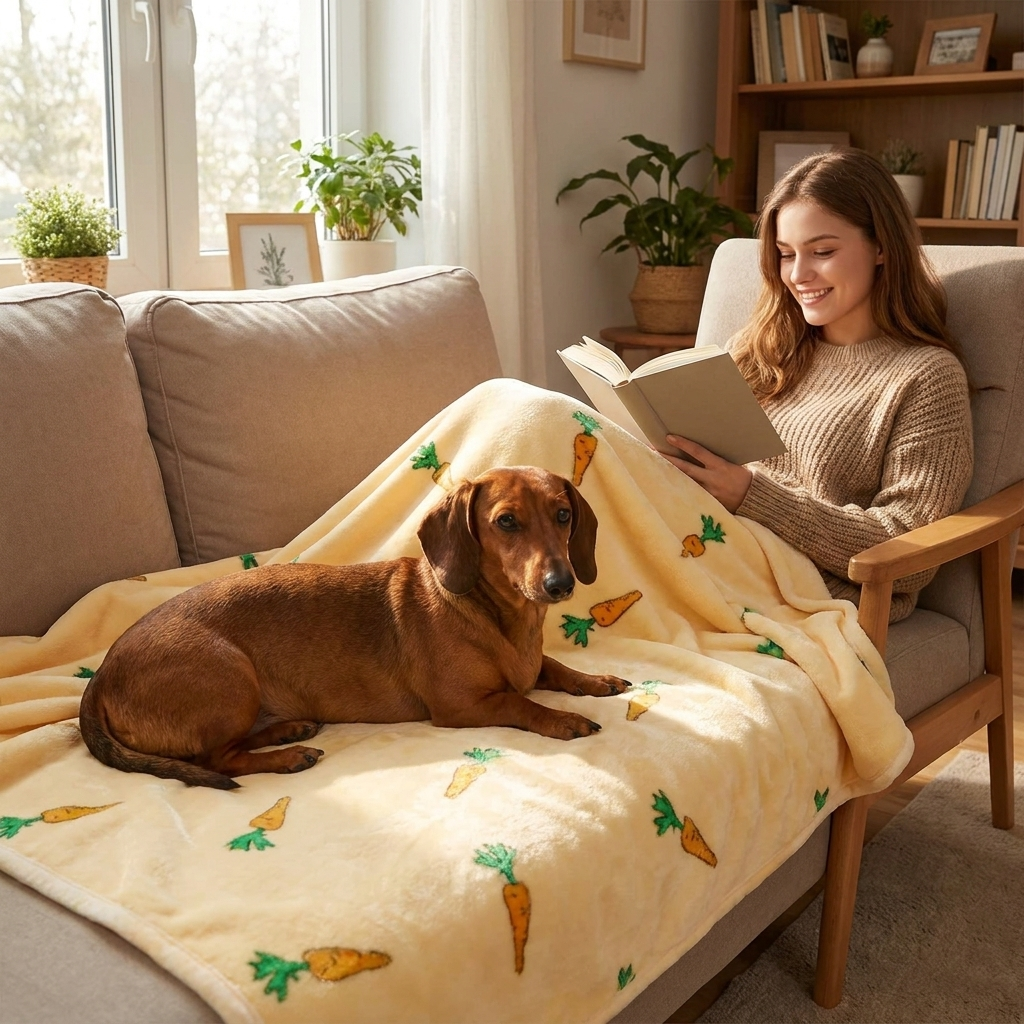 Clover Soft Flannel Dog Blanket — Dachshund on carrot blanket