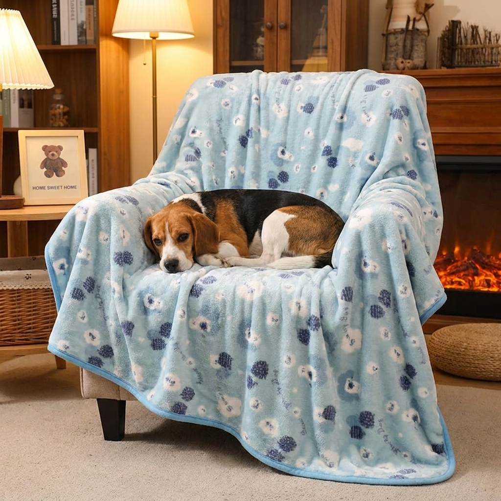 Clover Soft Flannel Dog Blanket — Beagle on blue bear blanket