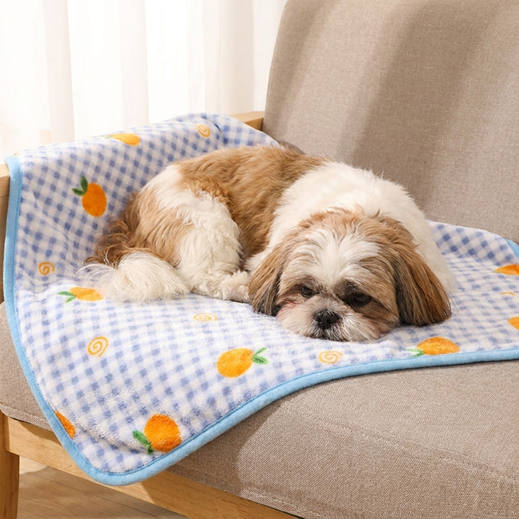 Clover Soft Flannel Dog Blanket — Shih Tzu on blue gingham blanket