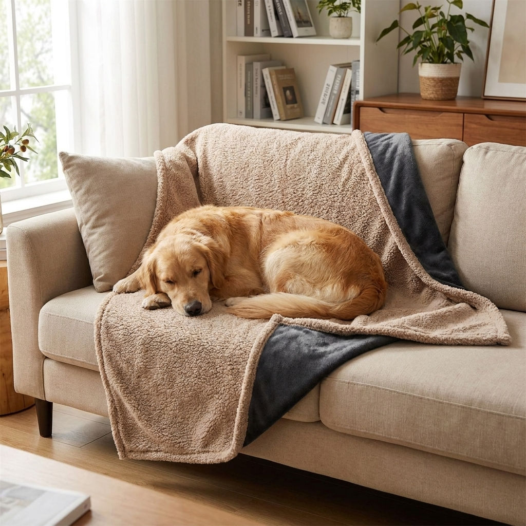 Ranger Waterproof Sherpa Dog Blanket — Golden Retriever on khaki blanket