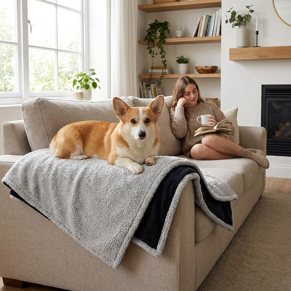 Ranger Waterproof Sherpa Dog Blanket — Corgi on light gray blanket