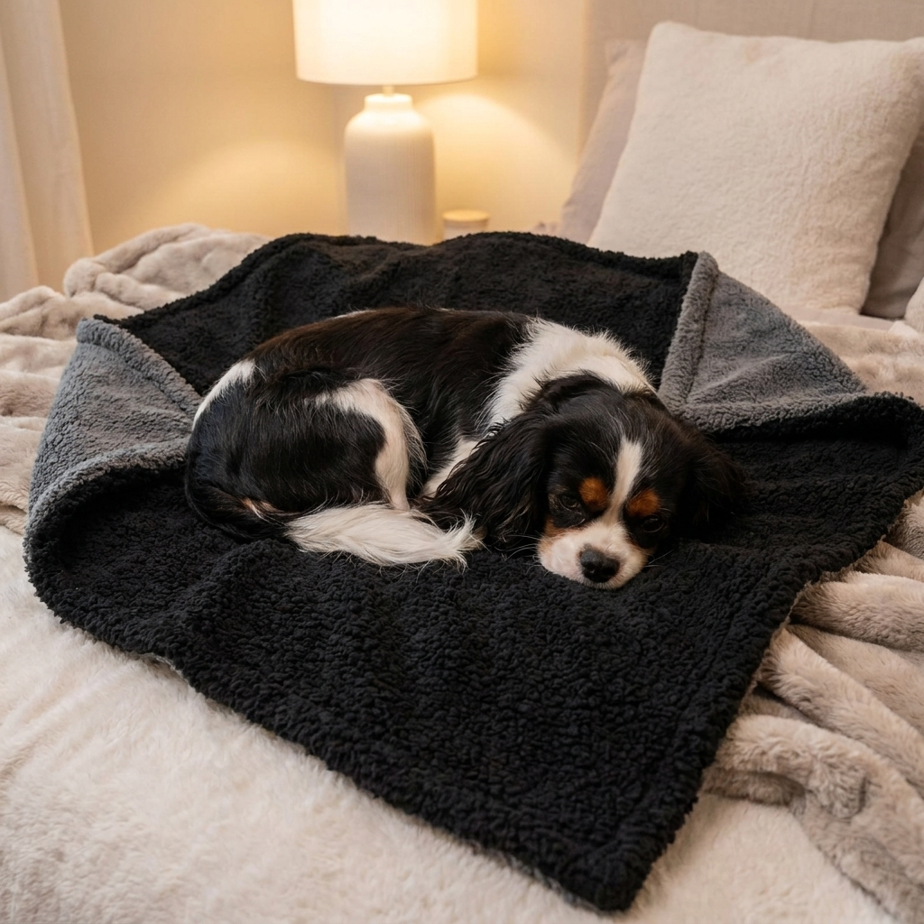 Ranger Waterproof Sherpa Dog Blanket — Cavalier on black blanket