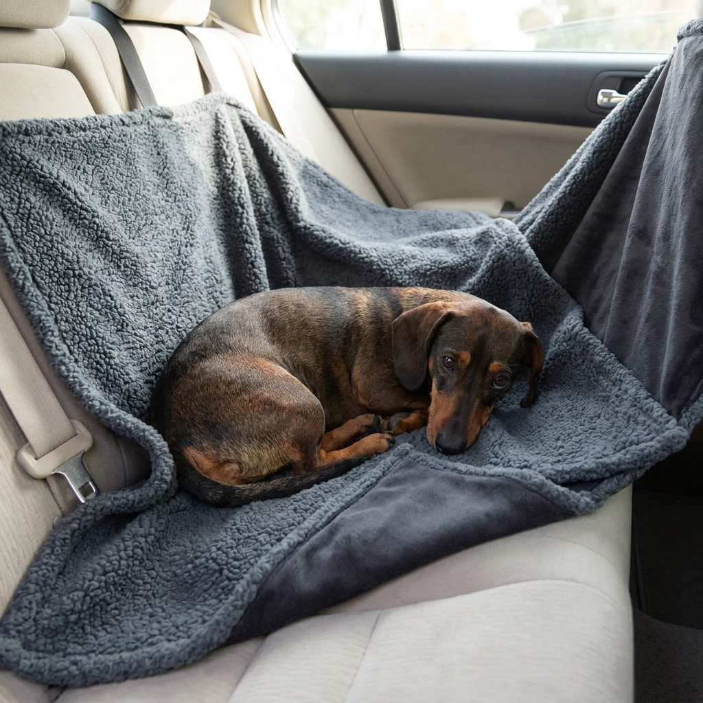 Ranger Waterproof Sherpa Dog Blanket — Dachshund on dark gray blanket in car