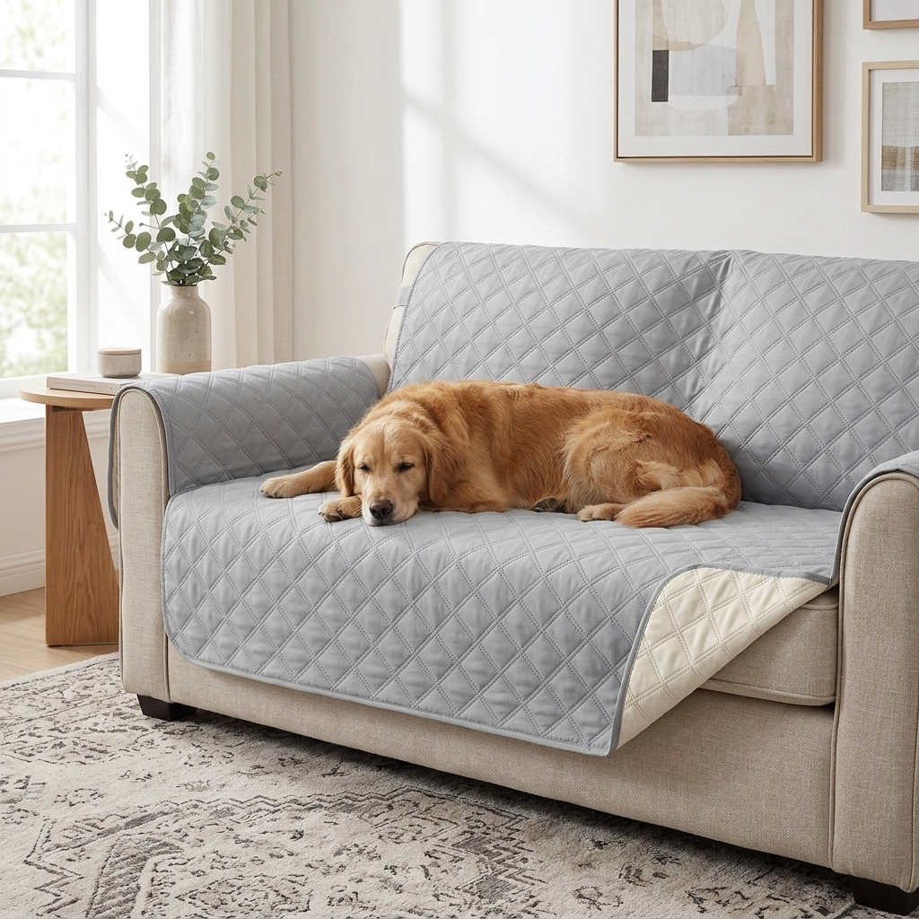 Haven Water-Resistant Furniture Protector — Golden Retriever on light grey sofa cover