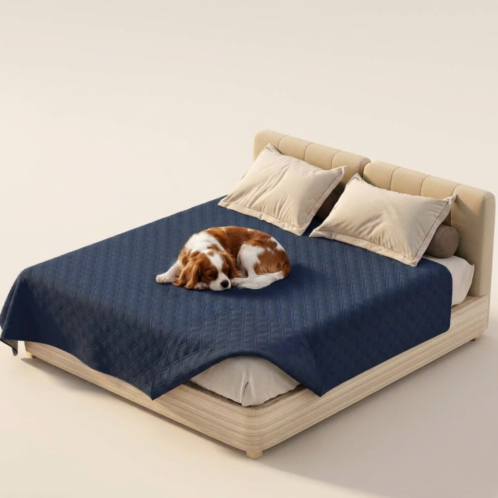Haven Water-Resistant Furniture Protector — Cavalier on dark blue bed cover