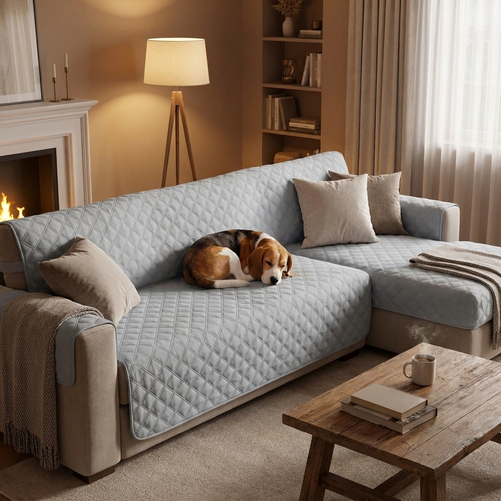 Haven Water-Resistant Furniture Protector — Beagle on light grey sectional cover