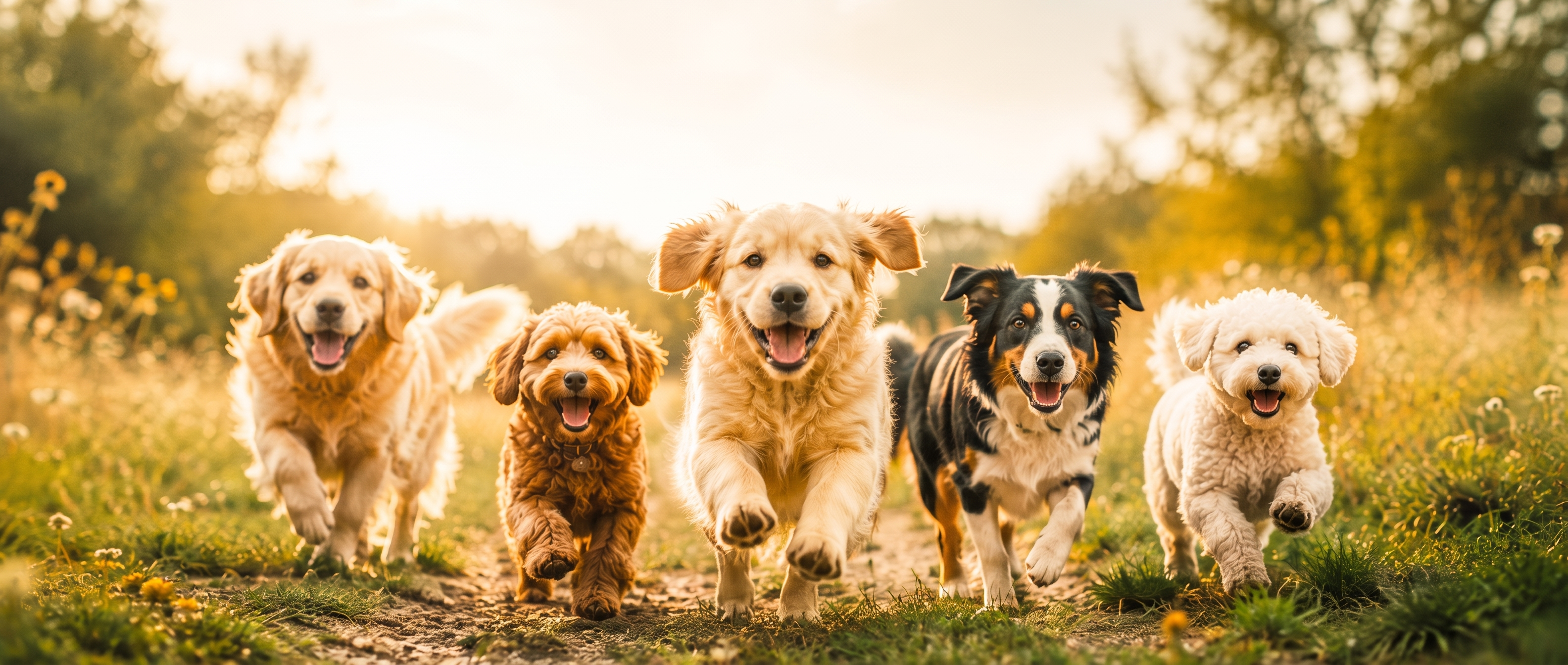 Five happy dogs running through a sunny meadow