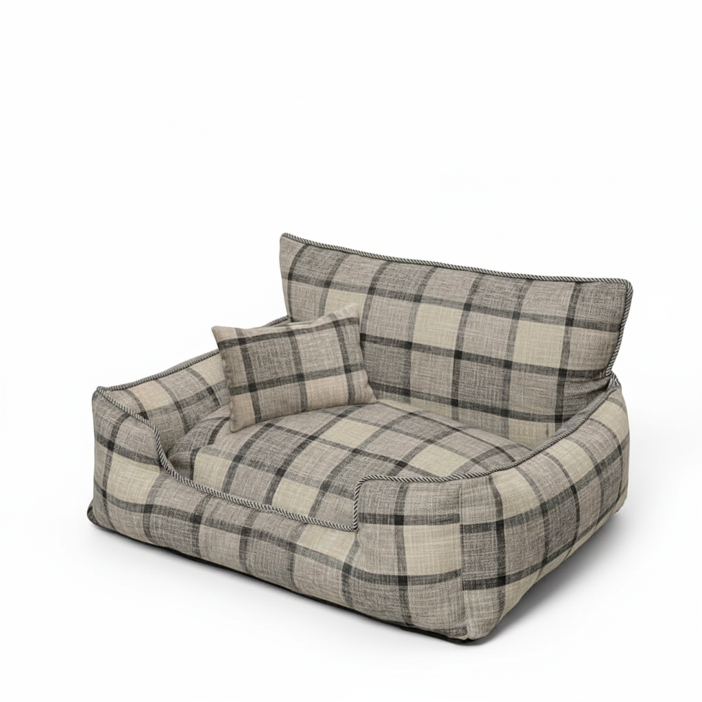 Baxter Plaid Dog Sofa Bed – Grey plaid bolster bed with matching pillow