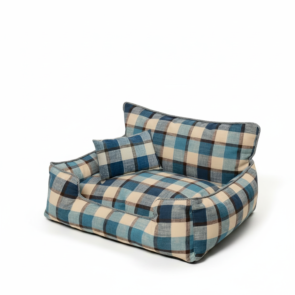 Baxter Plaid Dog Sofa Bed – Blue plaid bolster bed with matching pillow