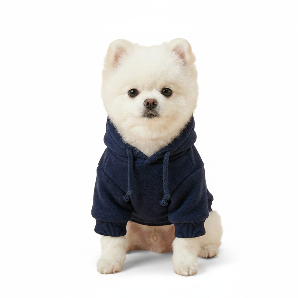 Pomeranian wearing a dark navy plush pullover dog hoodie