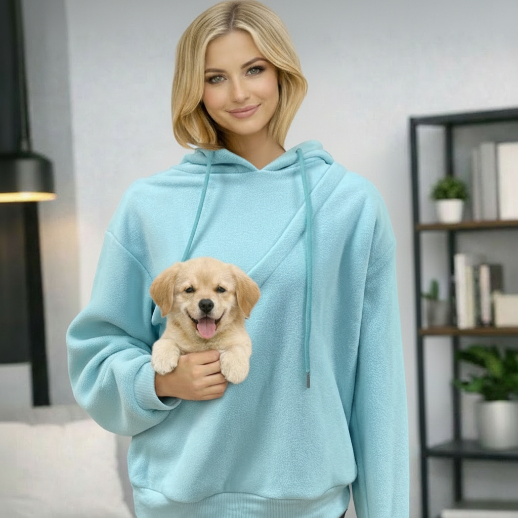 Joey wearable dog carrier hoodie in sky blue with a puppy in the front pouch