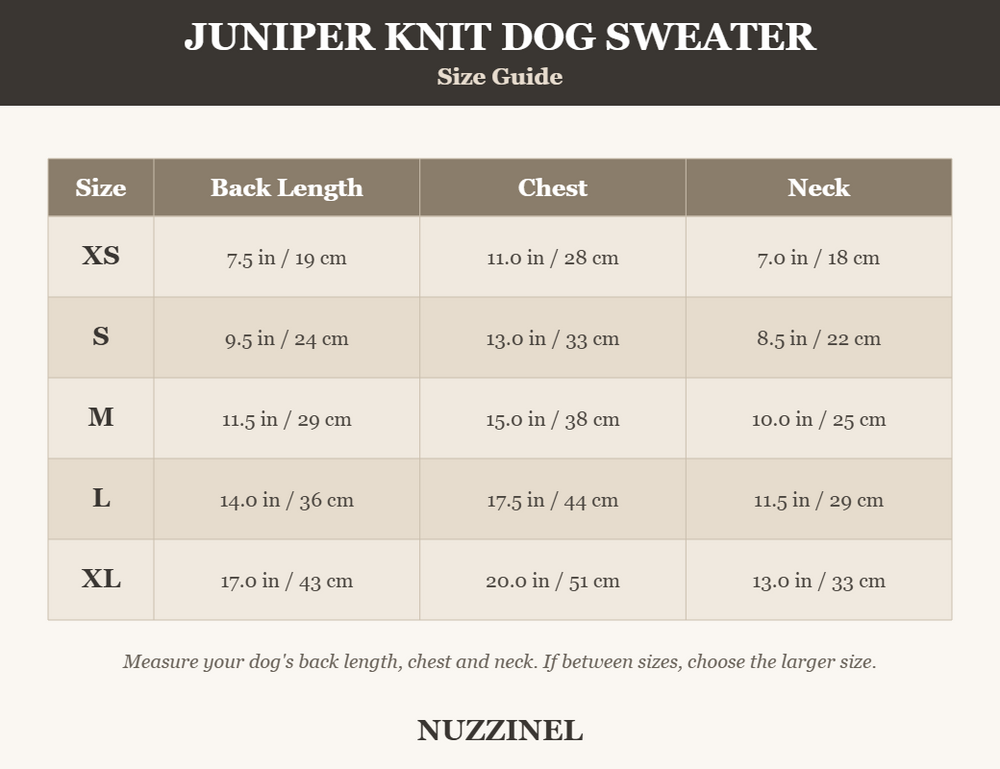 Juniper Knit Dog Sweater — Size guide