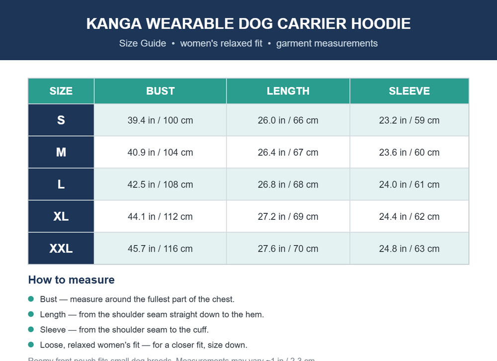 Kanga Wearable Dog Carrier Hoodie — Size guide