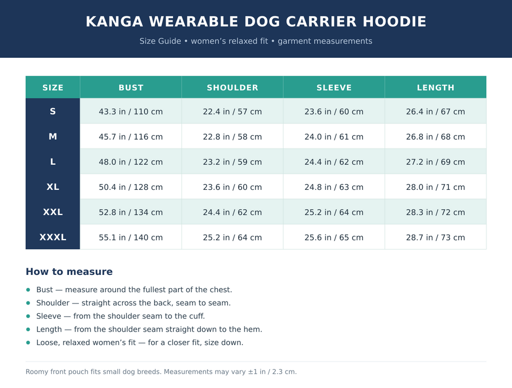 Kanga Wearable Dog Carrier Hoodie — Size guide
