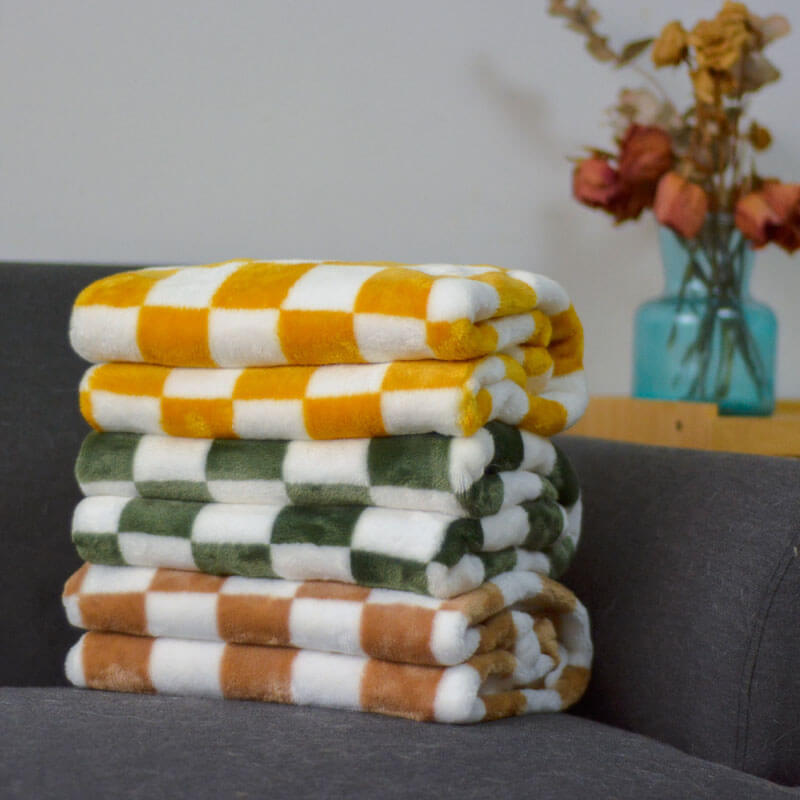 Meadow chequered flannel dog blanket in khaki, green and yellow