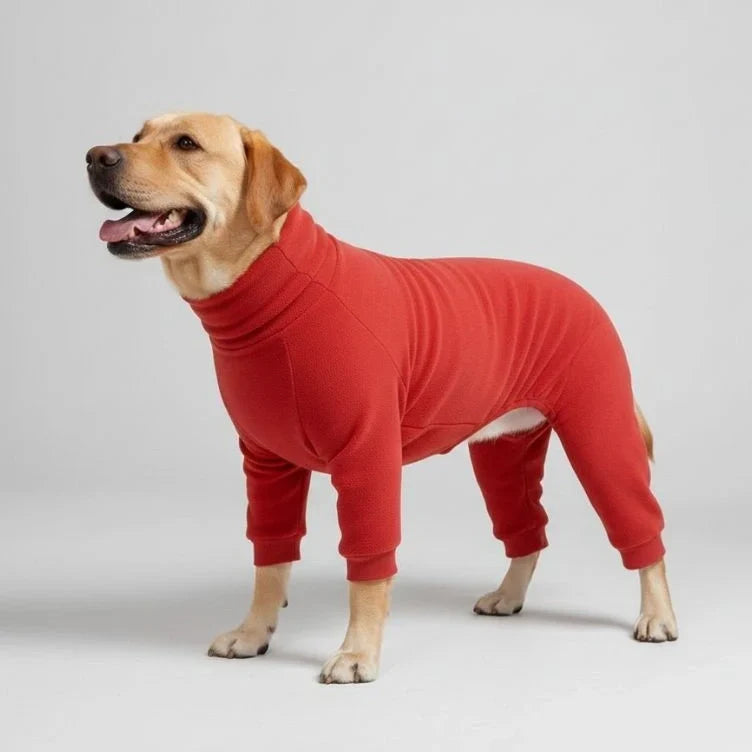 Large dog wearing the red fleece dog pajamas, side view