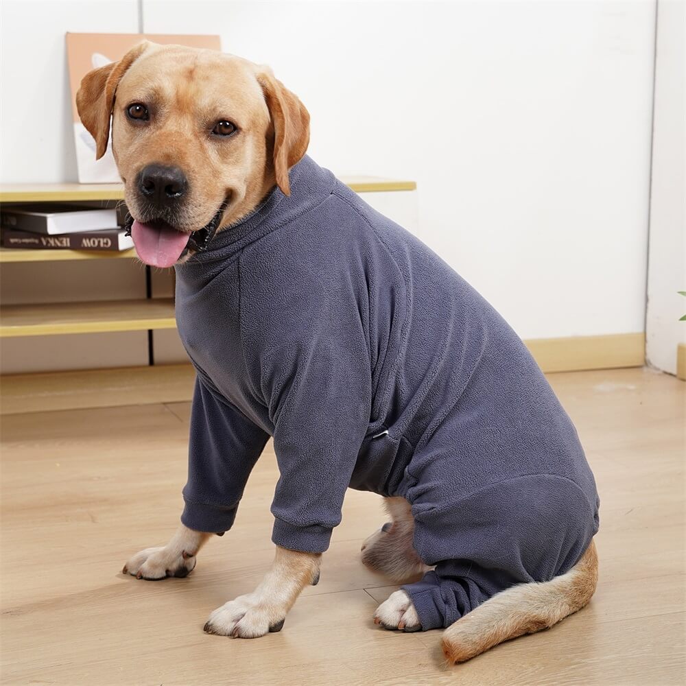 Large dog sitting indoors in the grey blue fleece dog pajamas