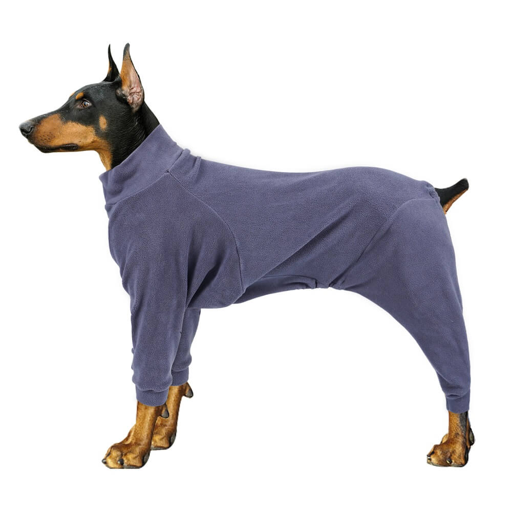 Doberman wearing the grey blue fleece dog pajamas, side view