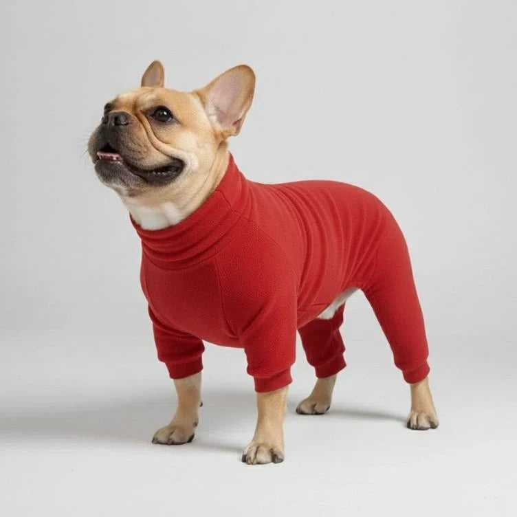 Dog wearing the red fleece dog pajamas