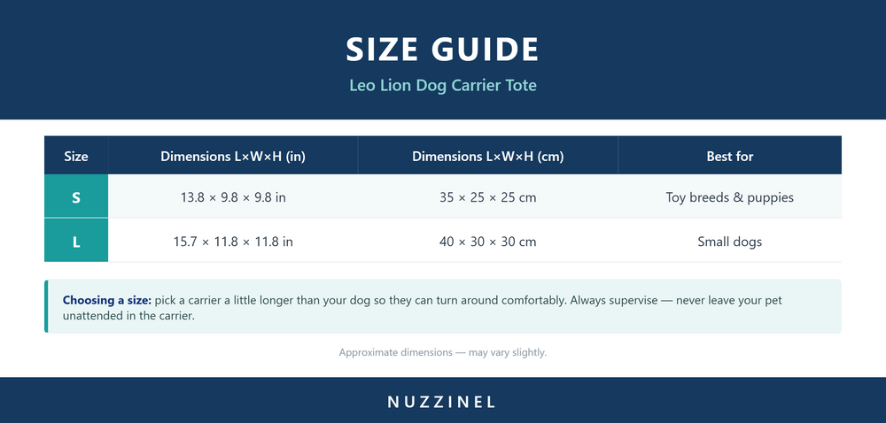 Leo Lion Dog Carrier Tote — Size guide
