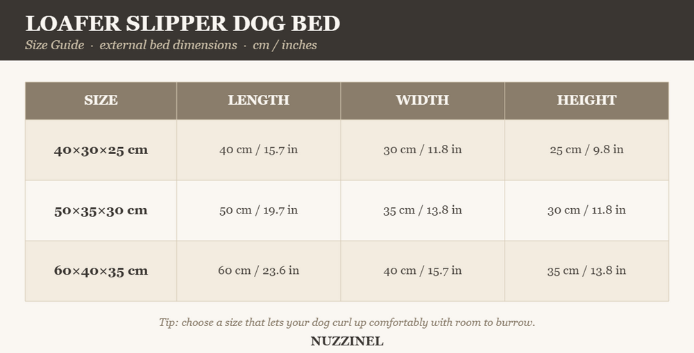 Loafer Slipper Dog Bed — Size guide