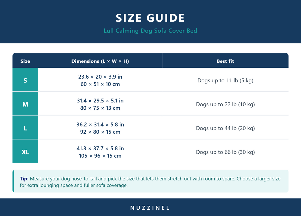 Lull Calming Dog Sofa Cover Bed — Size guide