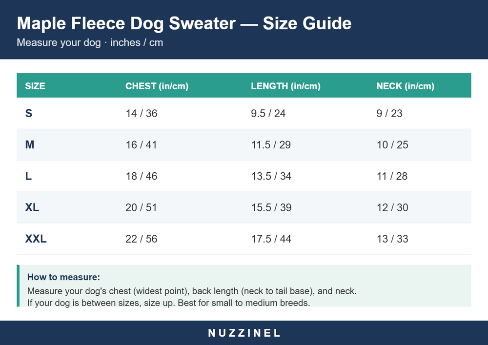 Maple Fleece Dog Sweater — Size guide
