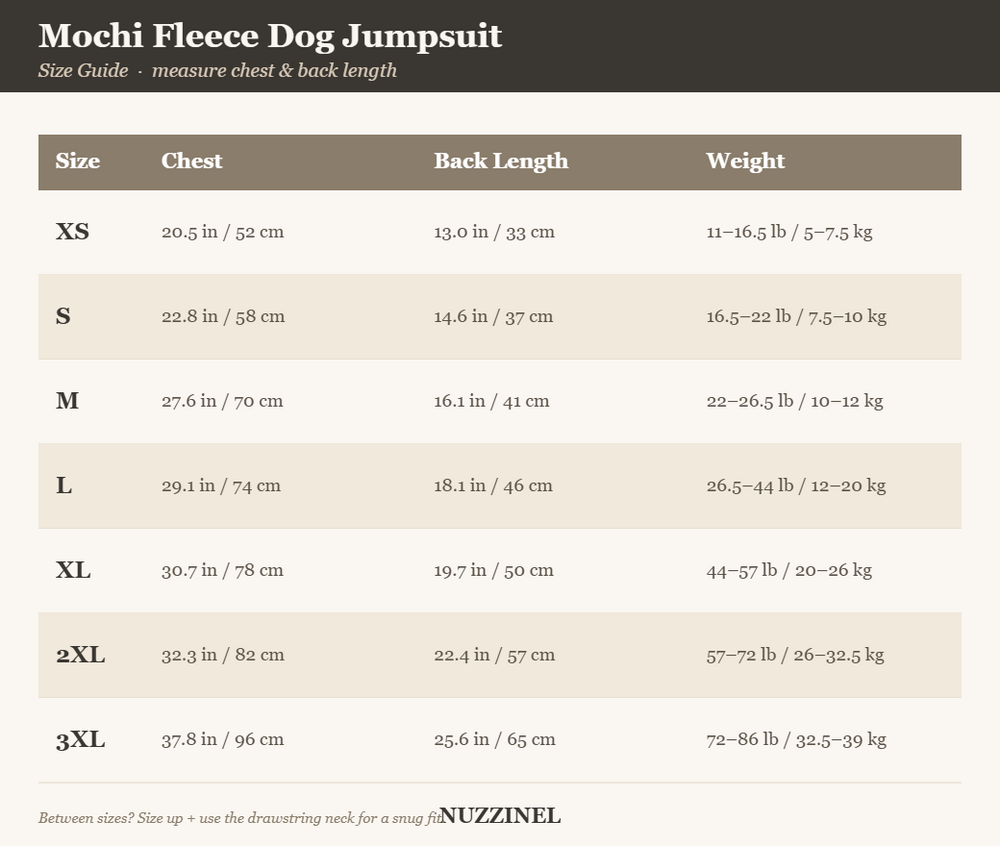 Mochi Fleece Dog Jumpsuit — Size guide