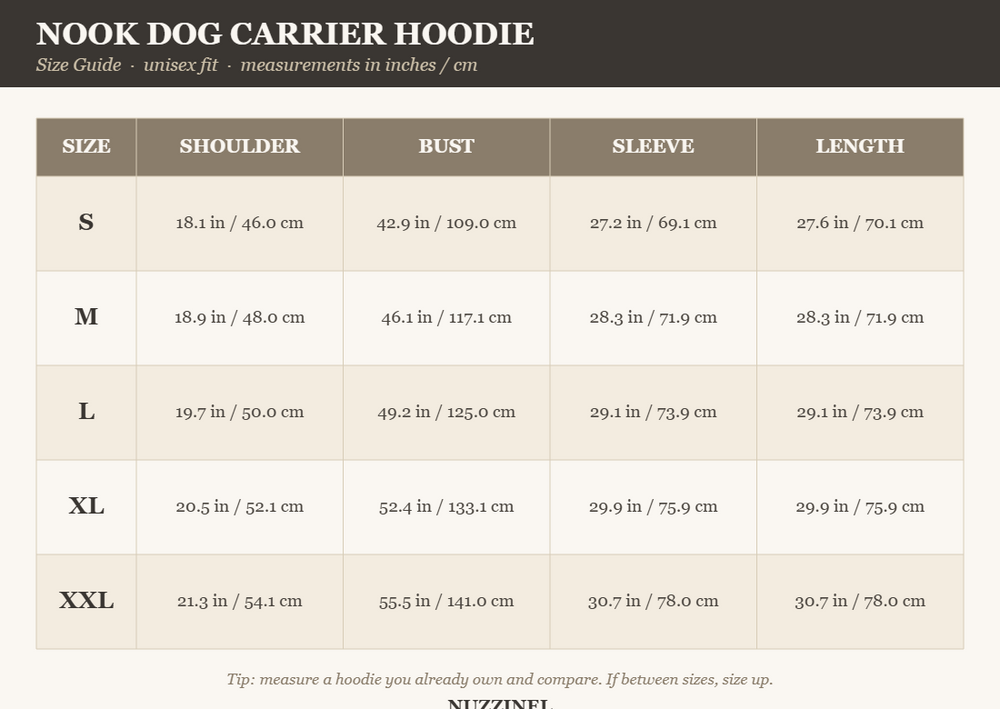 Nook Dog Carrier Hoodie — Size guide
