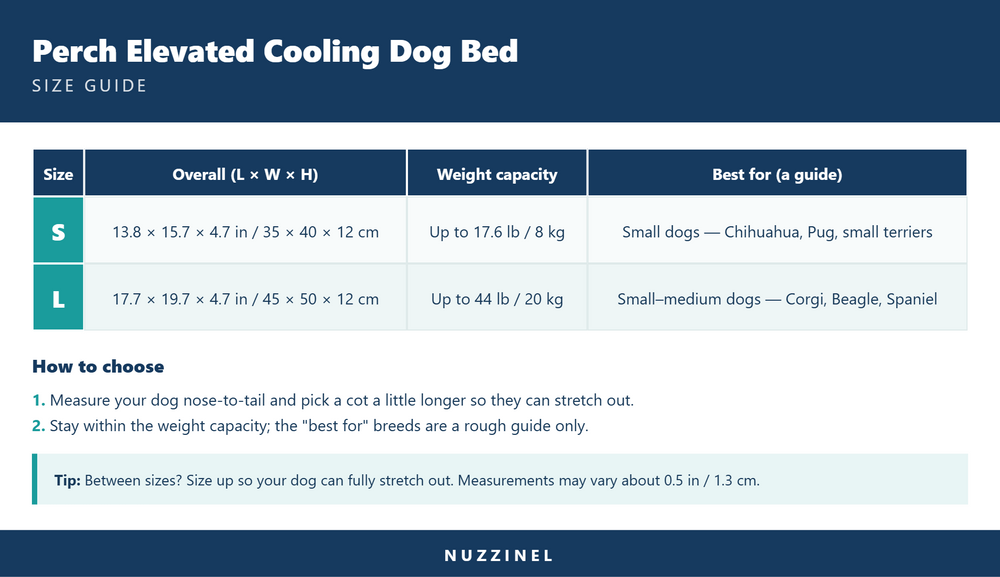 Perch Elevated Cooling Dog Bed — Size guide