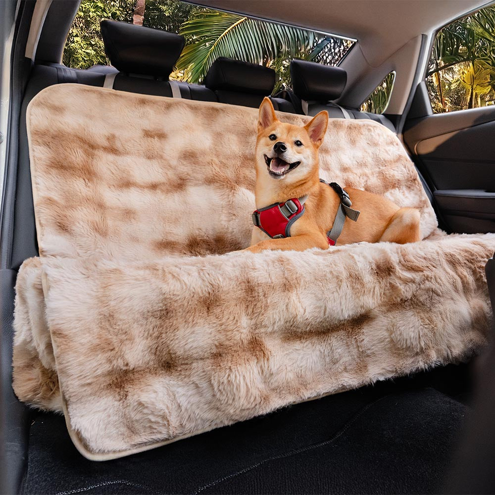 Roadie brown faux-fur dog car seat cover with a dog