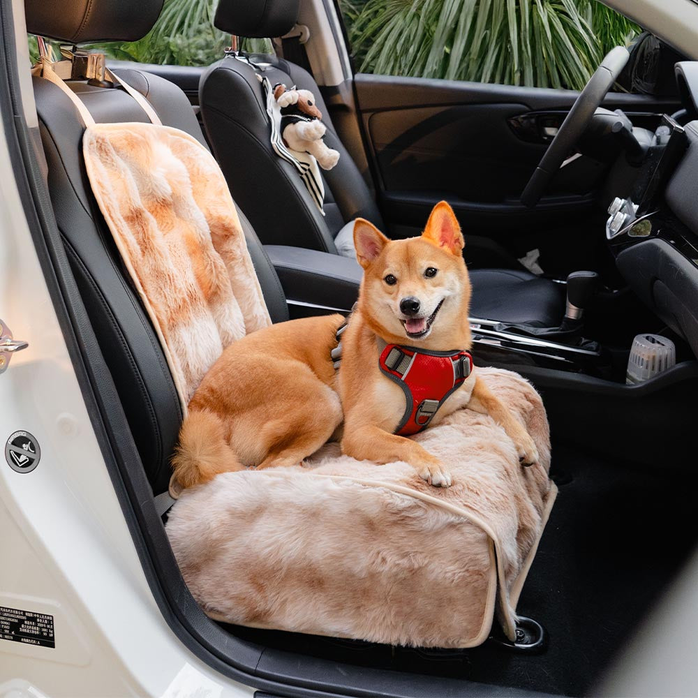 Roadie brown faux-fur dog car seat cover with a dog
