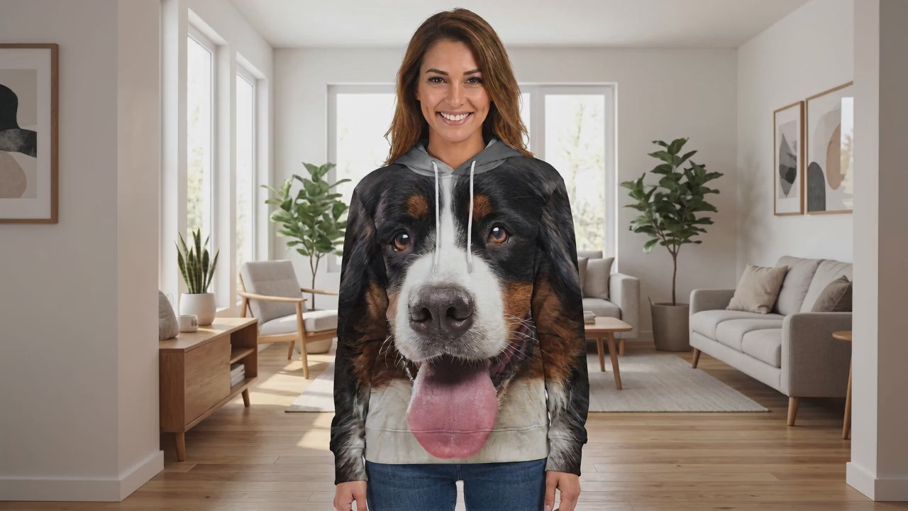 Woman wearing the Bernese Mountain Dog all-over-print hoodie at home