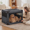 Golden retriever settling into the Nuzzinel Den travel crate