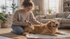 Woman grooming her dog with the Buzz cordless dog clipper, upward strokes