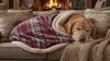 Rowan red plaid sherpa dog blanket with a Golden Retriever by a fire