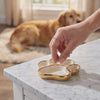 Hand setting a ring into the Keepsake dog paw ring dish as a golden retriever watches