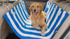 Wander Santorini blue-stripe car seat hammock with a Golden Retriever