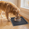 Golden retriever eating from a bowl on the grey Nosh silicone feeding mat