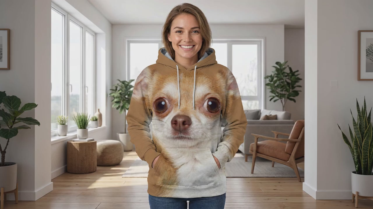 Woman wearing the Chihuahua all-over-print hoodie at home