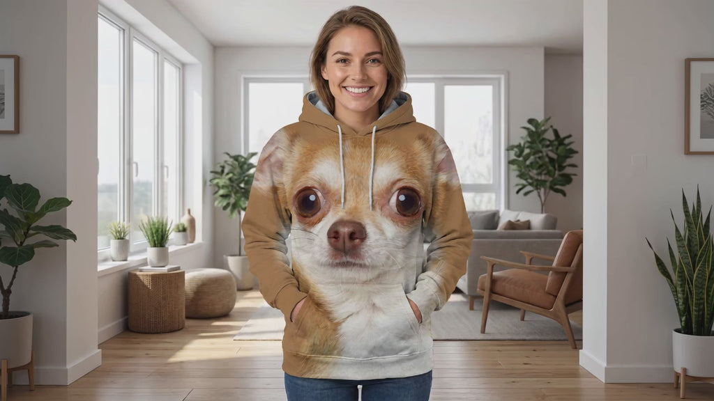 Woman wearing the Chihuahua all-over-print hoodie at home