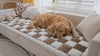 Pebble Checkerboard Plush Dog Blanket — Golden Retriever on brown checkerboard mat