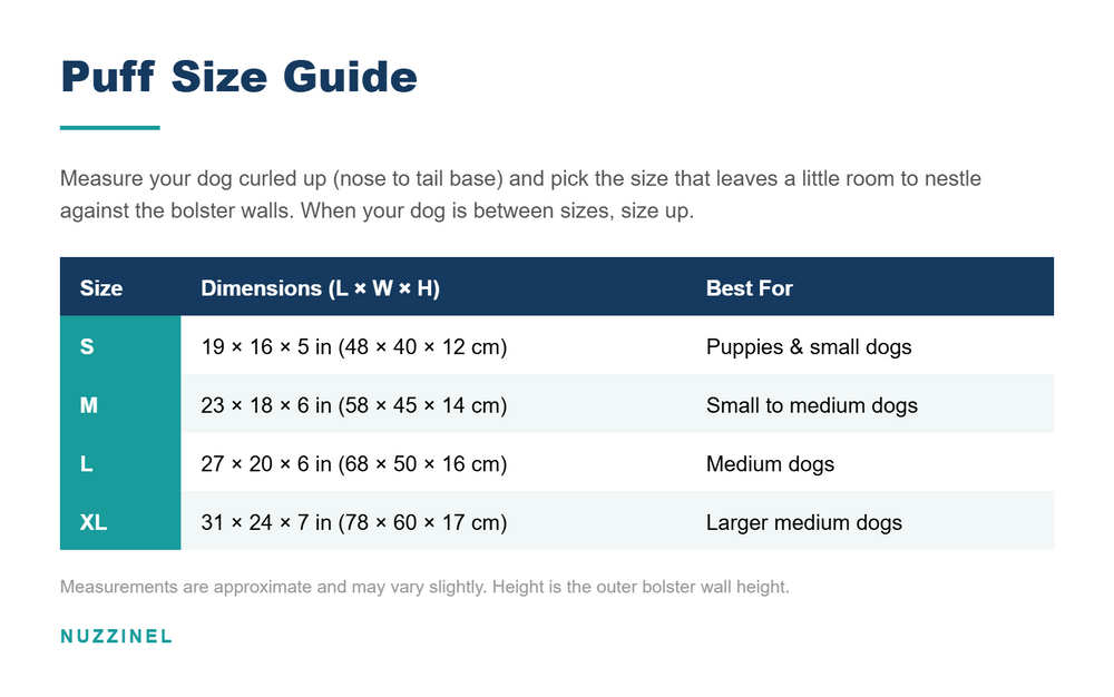 Puff Calming Bolster Dog Bed — Size guide
