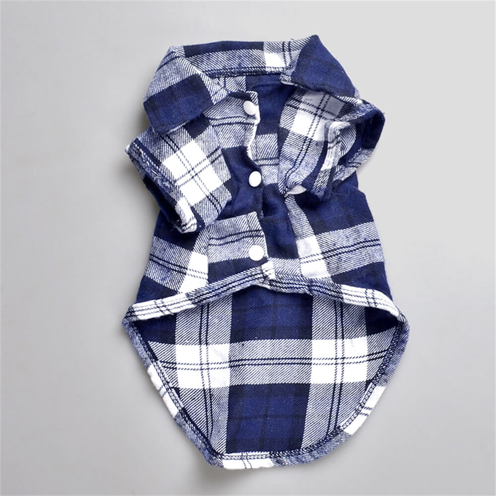 Blue plaid flannel button-down dog shirt with collar and white buttons
