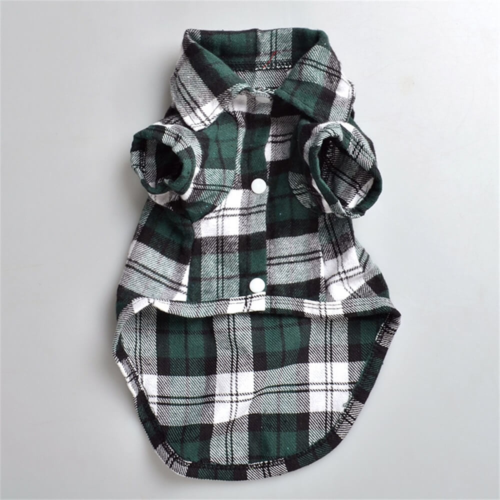 Green plaid flannel button-down dog shirt with collar and white buttons