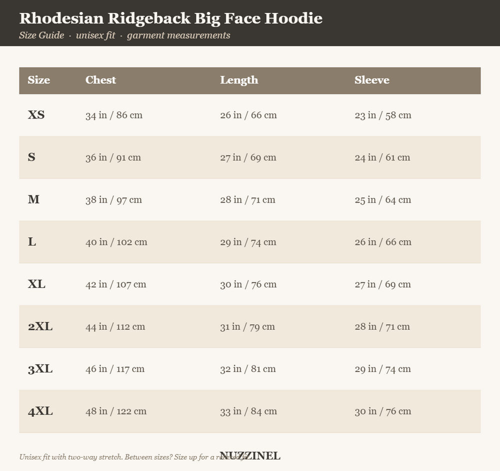 Rhodesian Ridgeback Big Face Hoodie — Size guide