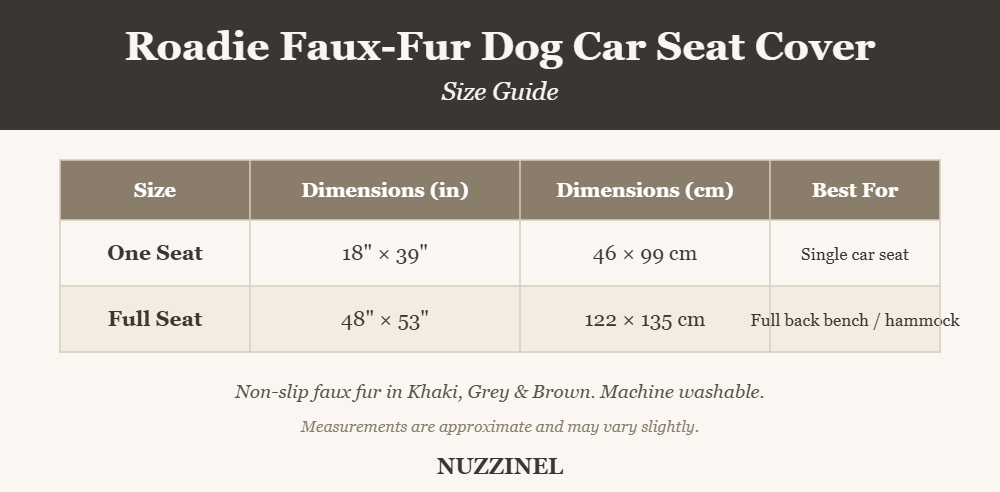 Roadie Faux-Fur Dog Car Seat Cover — Size guide