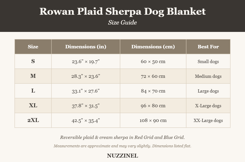 Rowan Plaid Sherpa Dog Blanket — Size guide