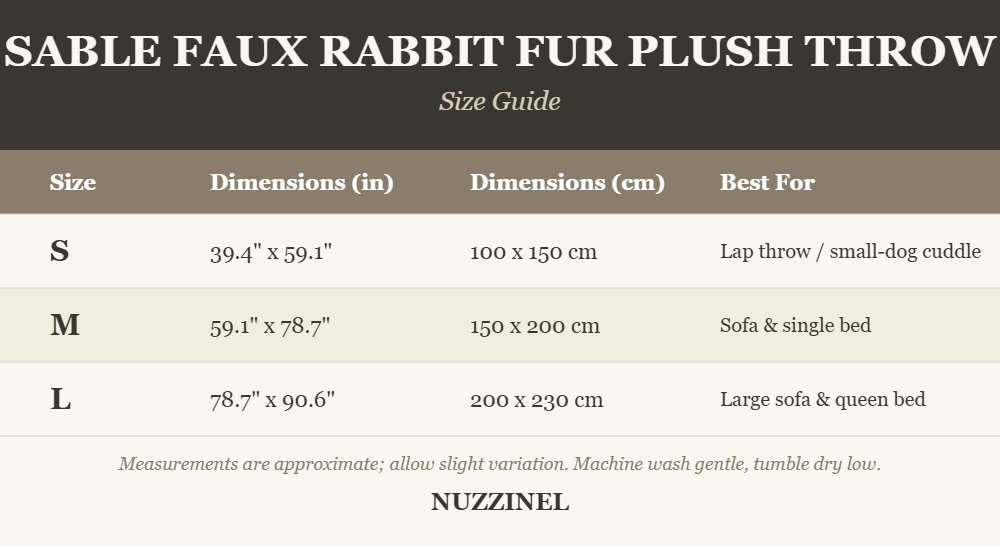 Sable Faux Rabbit Fur Plush Throw — Size guide